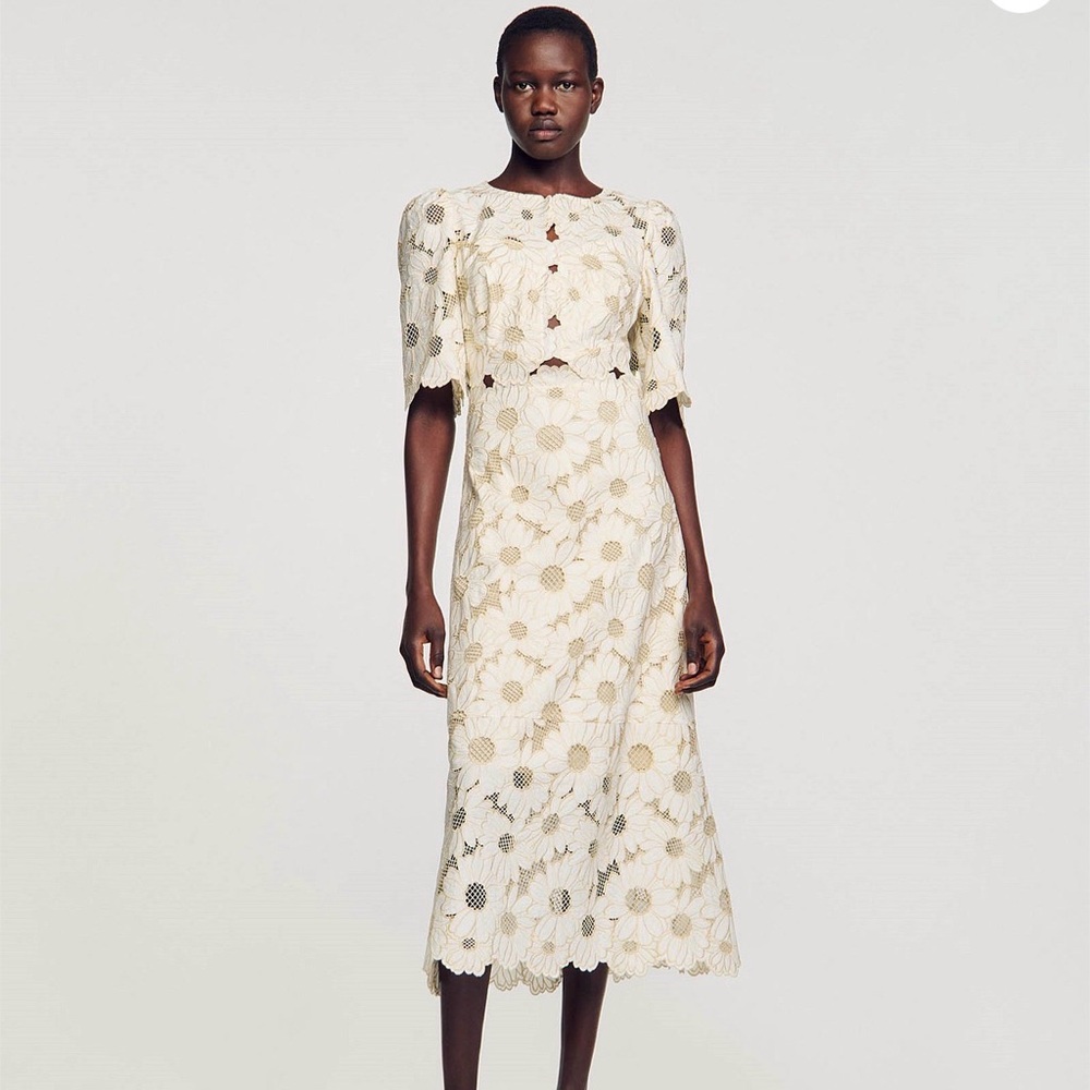 Sandro Cream Floral Midi Dress